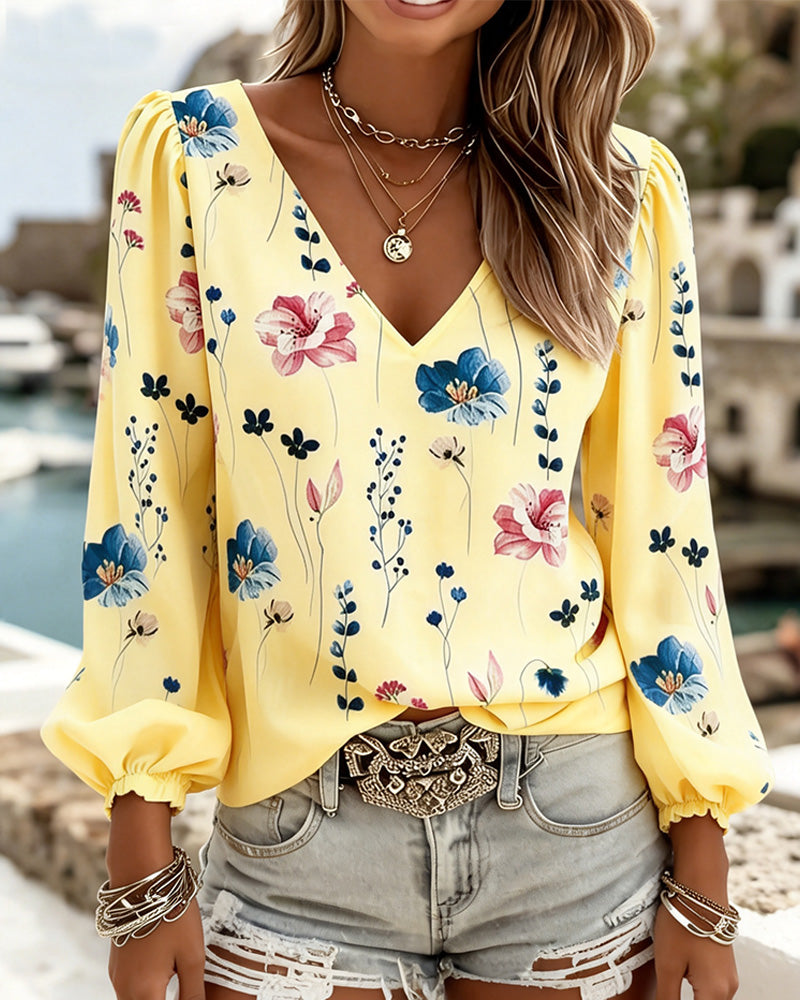 Blus Lykta Ärm V-Hals Blommig