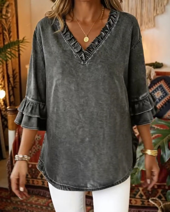 Rynkad Kortärmad V-Ringad Denimblus