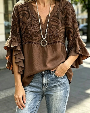 Blus Vintage Blommigt Print Asymmetrisk Rynkad Ärm