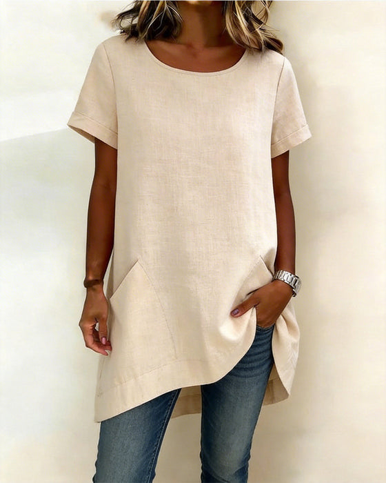 Blus Oregelbunden Rund Hals Ficka