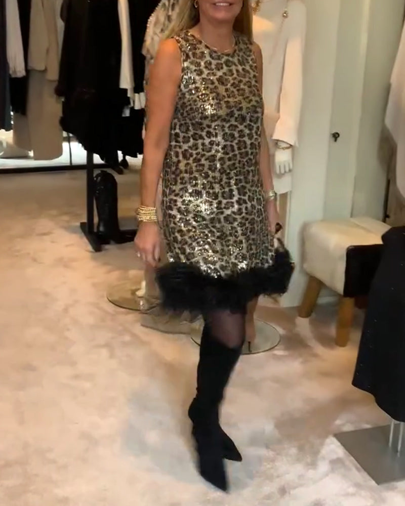 Klänning Ärmlös Leopardtryck Strutsfjäder Modig