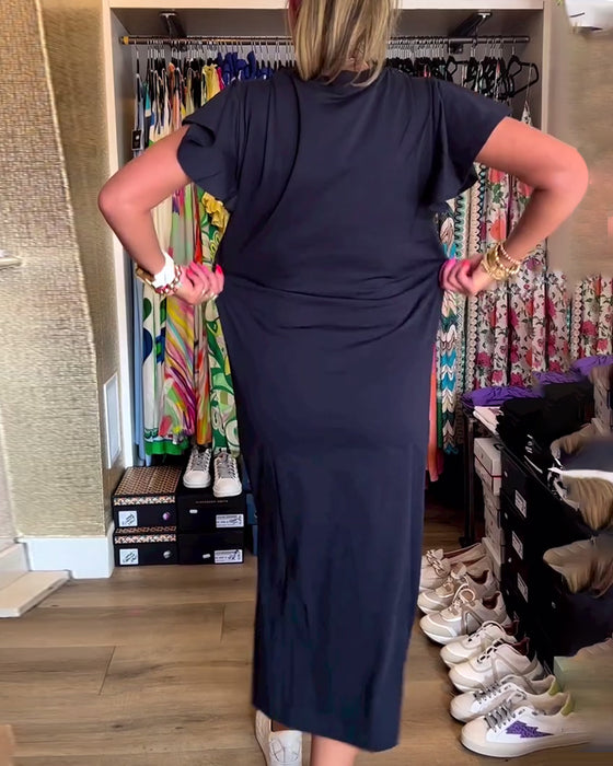 Fritidsklänning med volang ärm med bokstavstryck