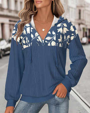 Sweatshirt Med Huva Halvdragkedja Blomtryck