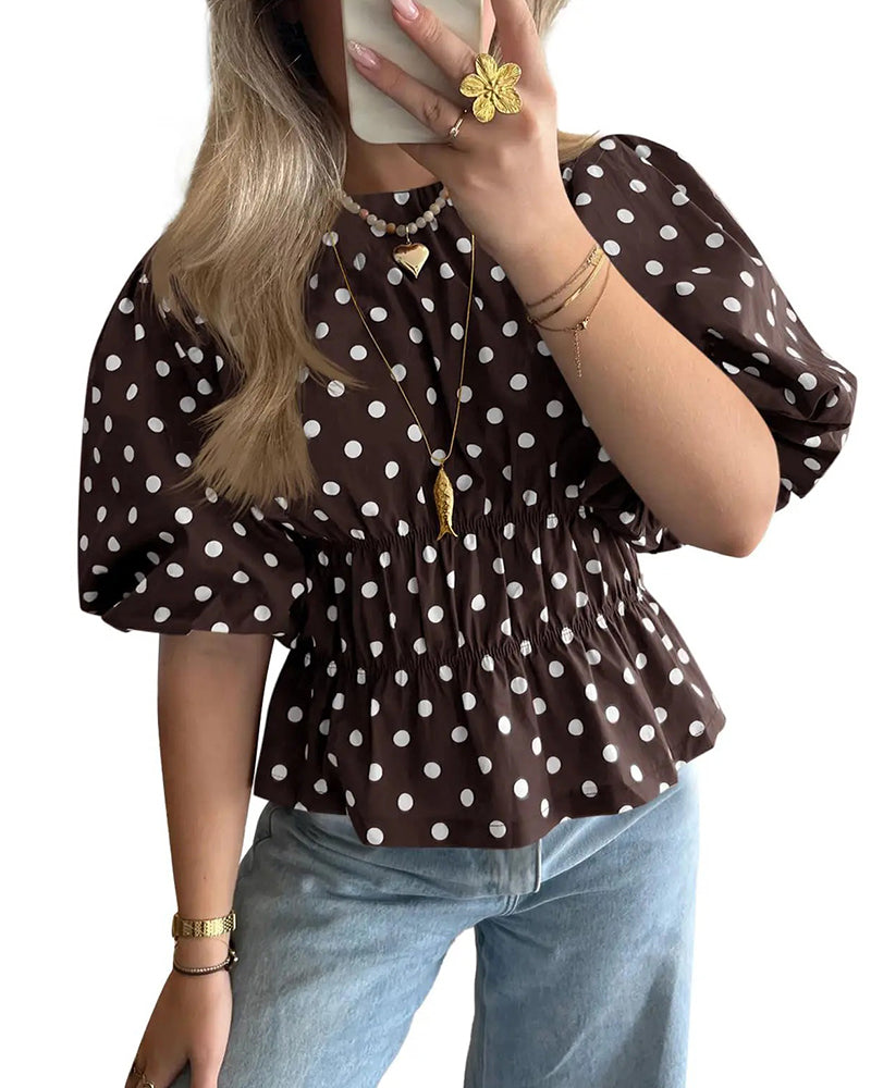 Blus Prickig Off-Shoulder Midjeknyt Bubbla Ärm