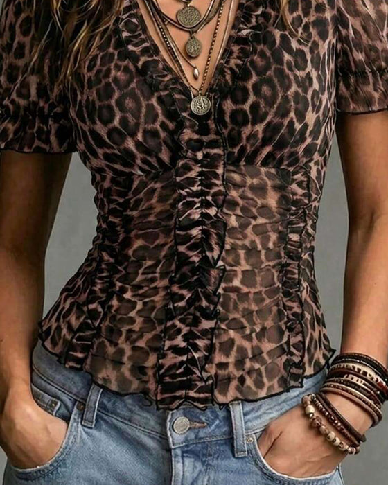 Blus V-Hals Leopard Tryck Ruffle Puffärm