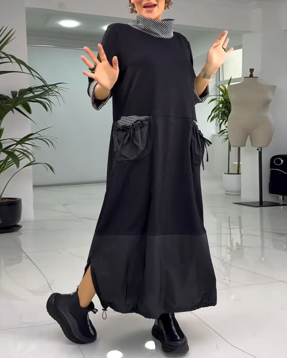 Avslappnad rutig lappklänning med hög krage