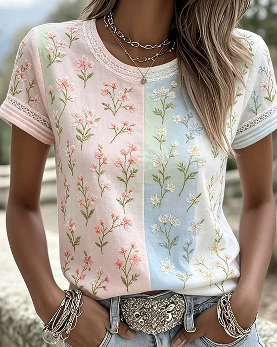 Blus Spets Patchwork Kontrast Blommig
