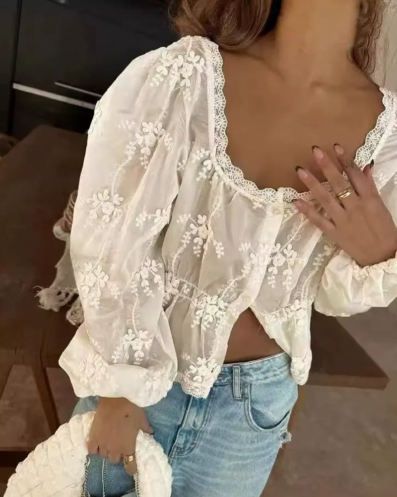 Blus U-ringning Lössittande Broderad Långärmad