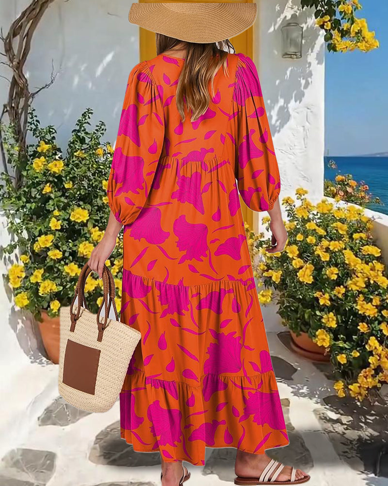 Klänning V-Ringning Tryckt Lykta-Ärm Maxi