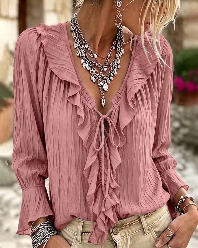Blus Ruffle Trim Snörning Lång Ärm