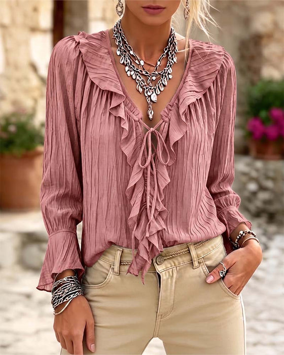 Blus Ruffle Trim Snörning Lång Ärm