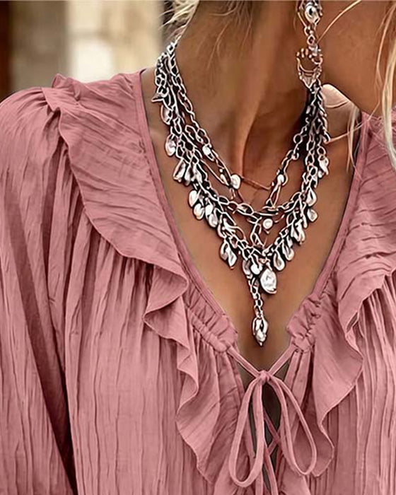Blus Ruffle Trim Snörning Lång Ärm