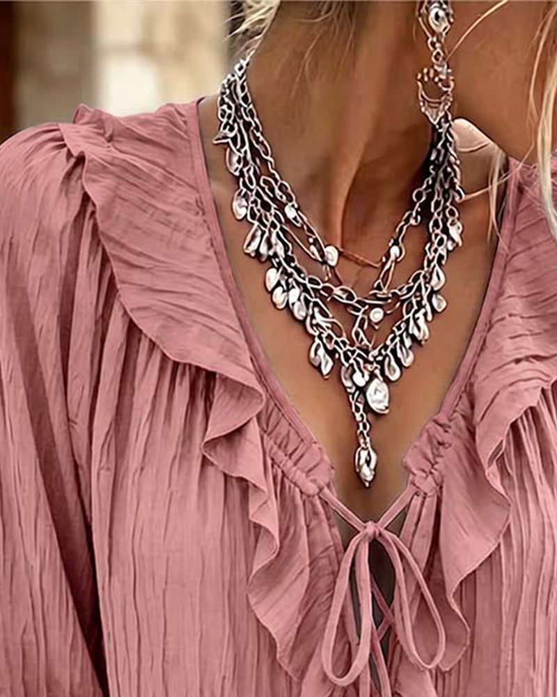 Blus Ruffle Trim Snörning Lång Ärm