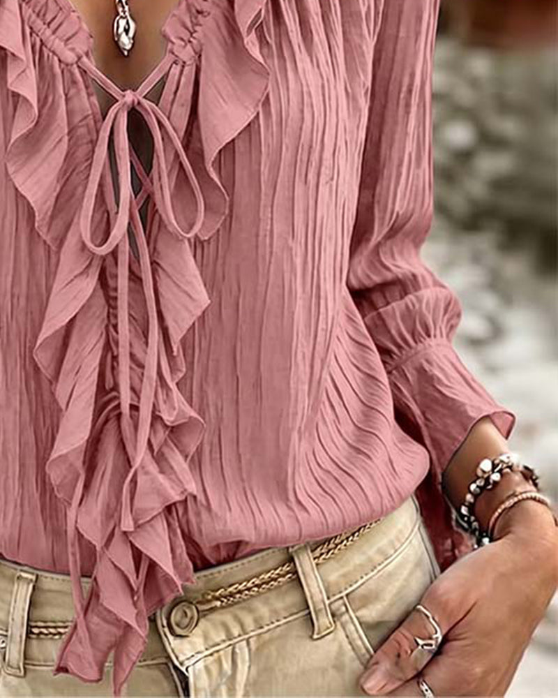 Blus Ruffle Trim Snörning Lång Ärm
