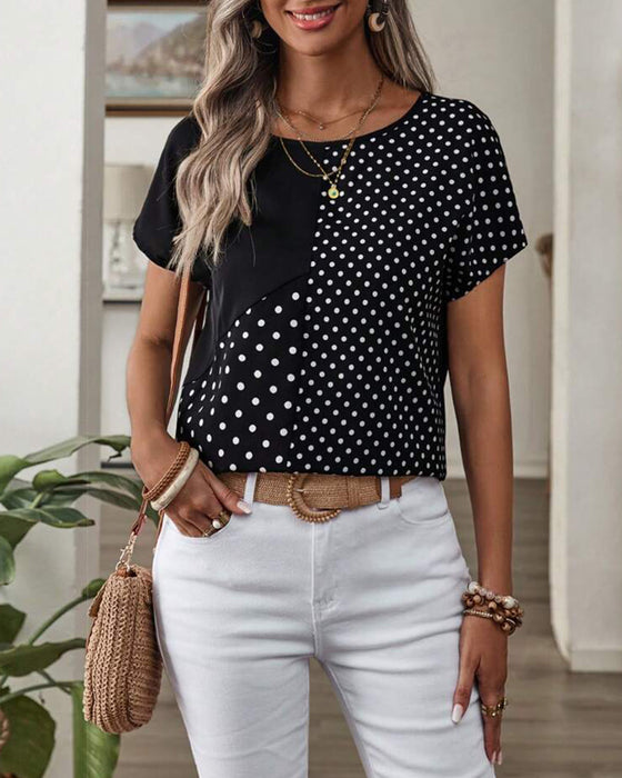 T-shirt Rund Hals Polka Dots Tryck