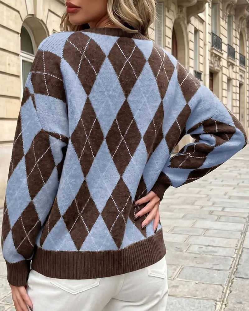 Pullover Diamant Färgblock Rund Hals