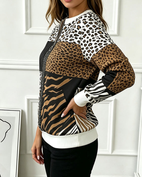 Sweatshirt Dragkedja Leopard Prickigt Mönster