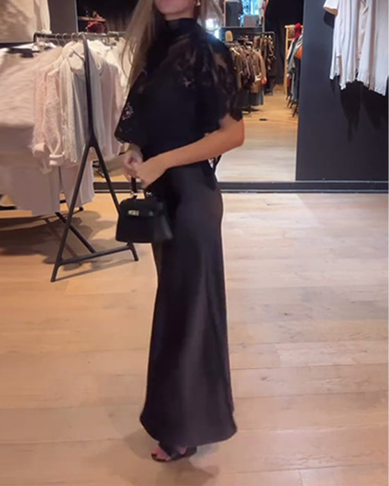 Set Spets Och Meshblus Med Draperad Slipklänning