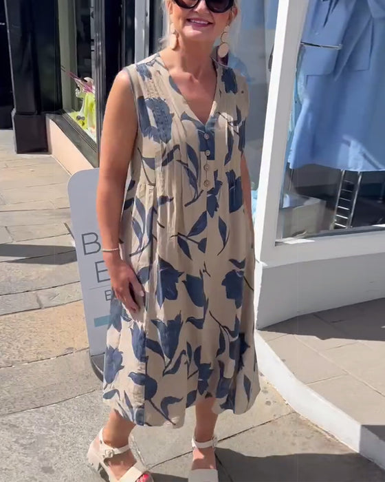 Klänning V-ringad ärmlös tryckt