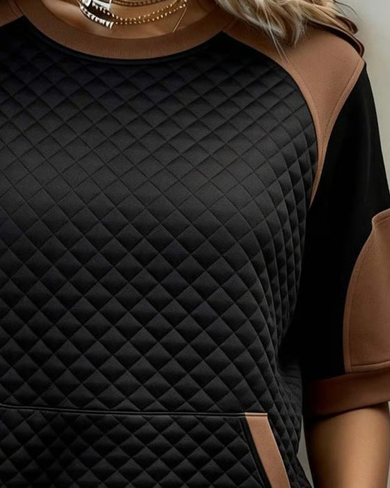 Blouse Rund Hals Lapptäcke Diamant Mönster