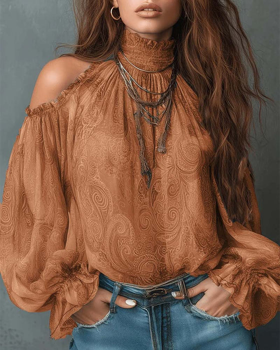 Blus Tryckt Off-Shoulder Mandarin Krage