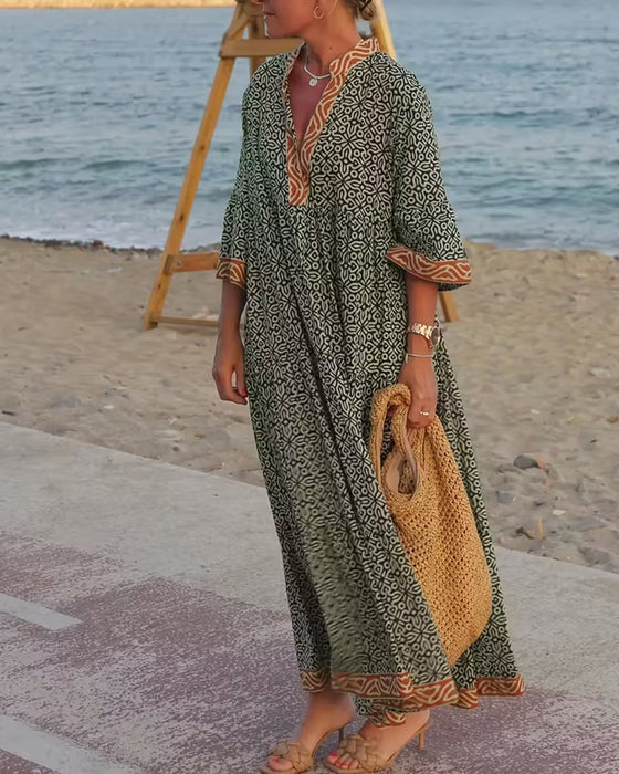 Klänning V-Ringning Kortärmad Tryck Semester