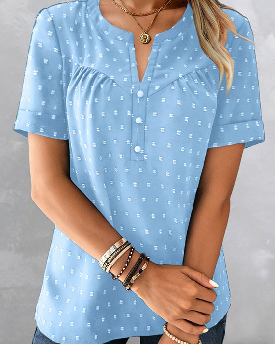 Blus Jacquard V-Hals Halvknäppning Kort Ärm