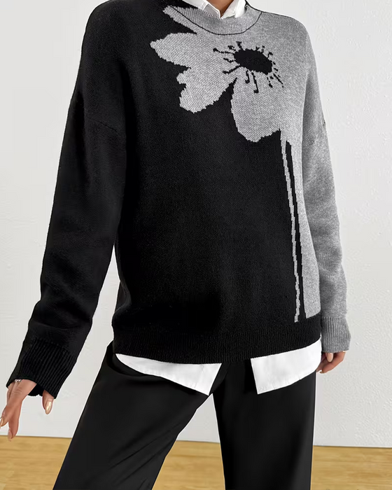 Pullover Färgblock Stor Blommig Jacquard Runda Halsen