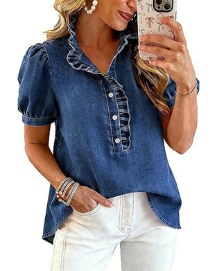 Blus Knapp Upp Ruffle Denim