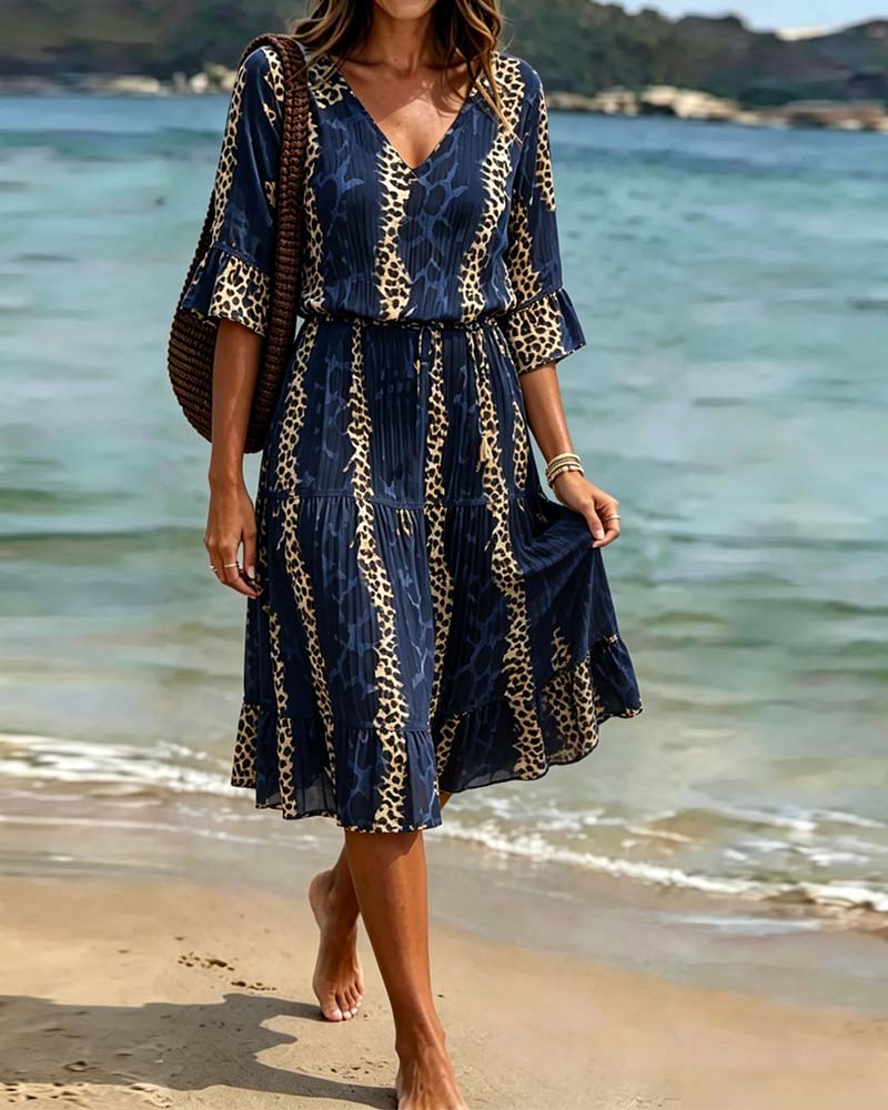 Klänning V-Hals Leopard Patchwork Midi Semester