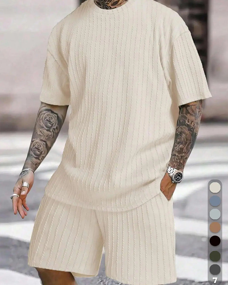 Herres Stripad T-Shirt Och Shorts Tvådelig Set Med Crew-Årning