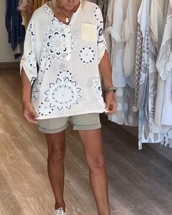 Blus Mångsidig V-Ringning Tryckt Halvlång Ärm