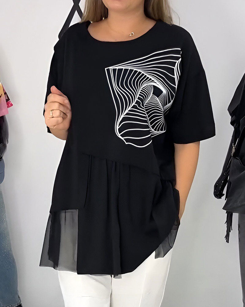 T-Shirt Med Geometriskt Tryck Och Mesh-Splicing