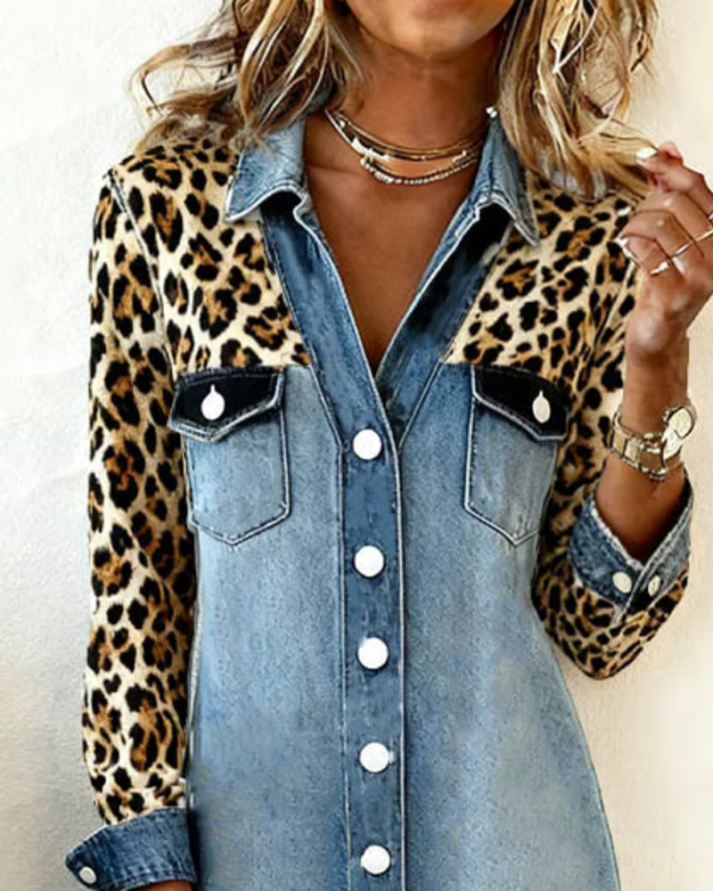 Klädning Skjortkrage Leopard Patchwork