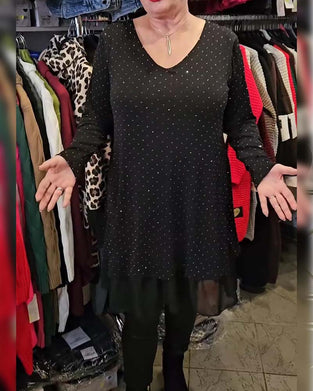 Klänning V-halsning Fin Glitter Mesh Lappverk Lössittande