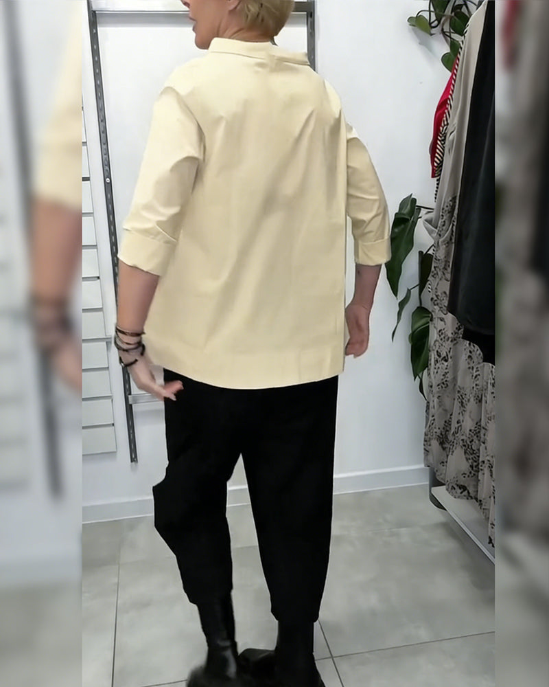 100% Bomull  Blus Vid Krage Enfärgad Casual