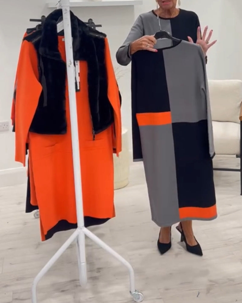 Fyrkantig färgmatchande elegant klänning med rund hals