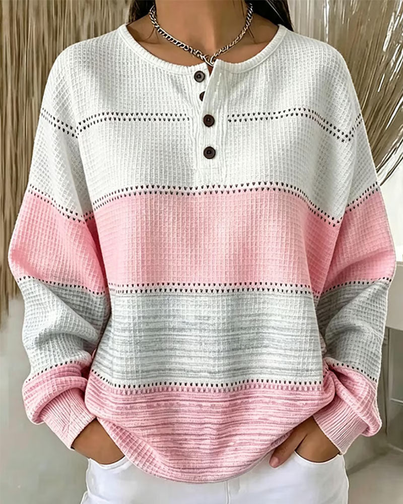 Sweatshirt Färgblock Rund Hals Knapp Våfflad