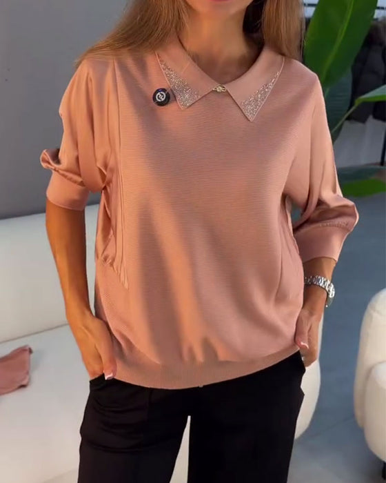 Pullover Slag Armbågslång Ärm Stickad Elegant