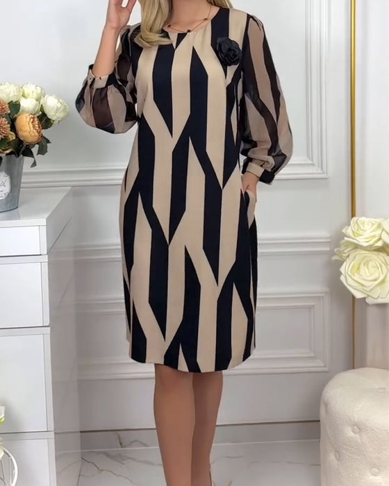 Klänning Med Rund Hals Med Lykta Ärm Tryckt