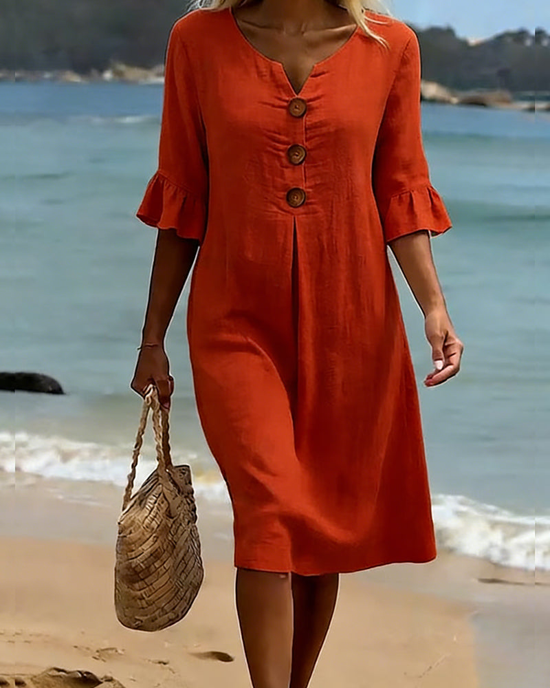 Klänning Knapp Rynkad Ärm 100% Bomull