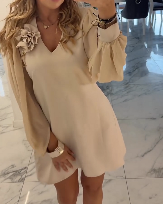 Klänning Tredimensionell Blomma V-ringning Lykta Ärm