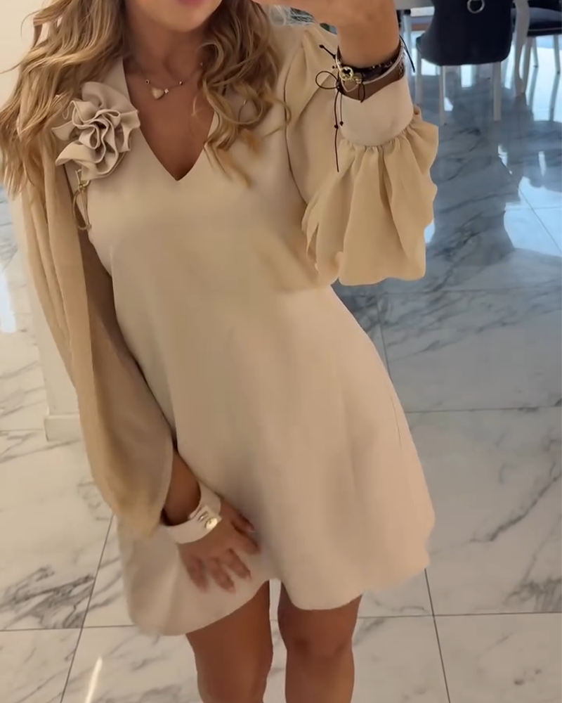 Klänning Tredimensionell Blomma V-ringning Lykta Ärm