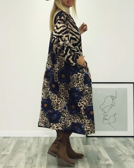 Snygg zebramönstrad leopardmönstrad patchworkklänning