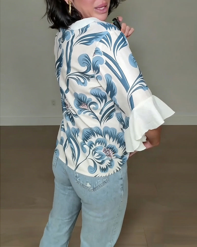 Blus Blommiga Flärmärmade Ärmar