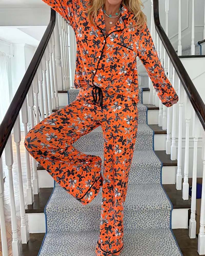 Pyjamas Set Skjortkrage Tryckt Knapp