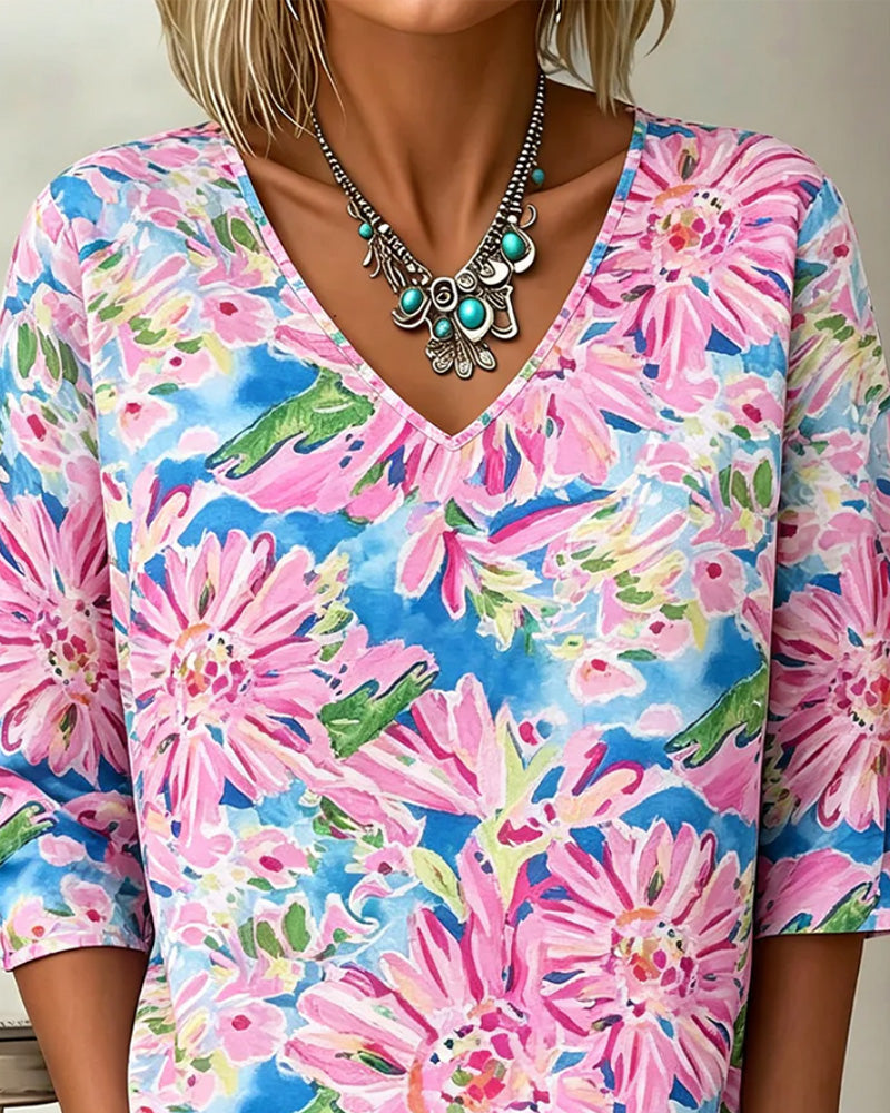 Blus Blommig V-Hals Halv Ärm