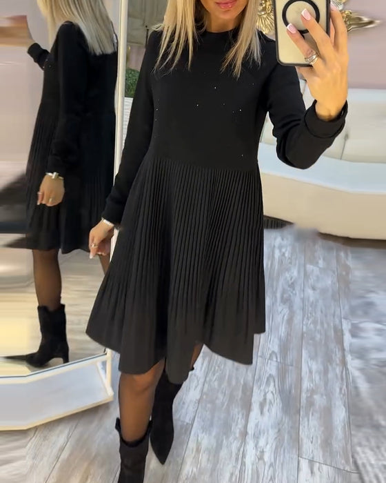 Plisserad Klänning Långärmad Rhinestone