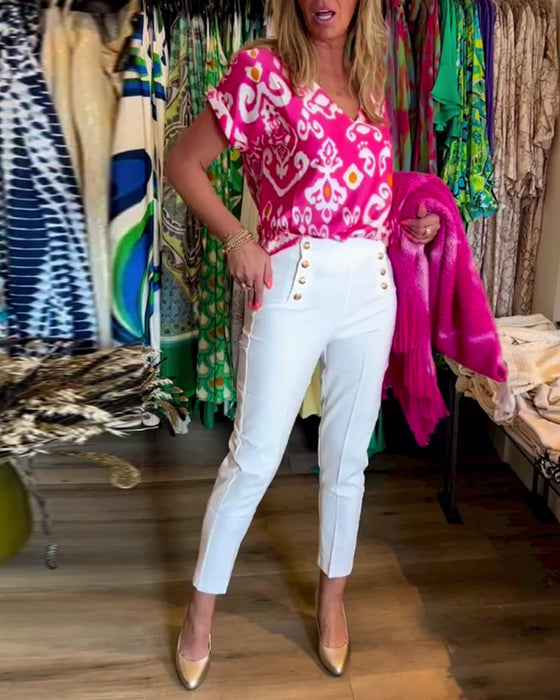 Tryckt V-ringad kortärmad topp