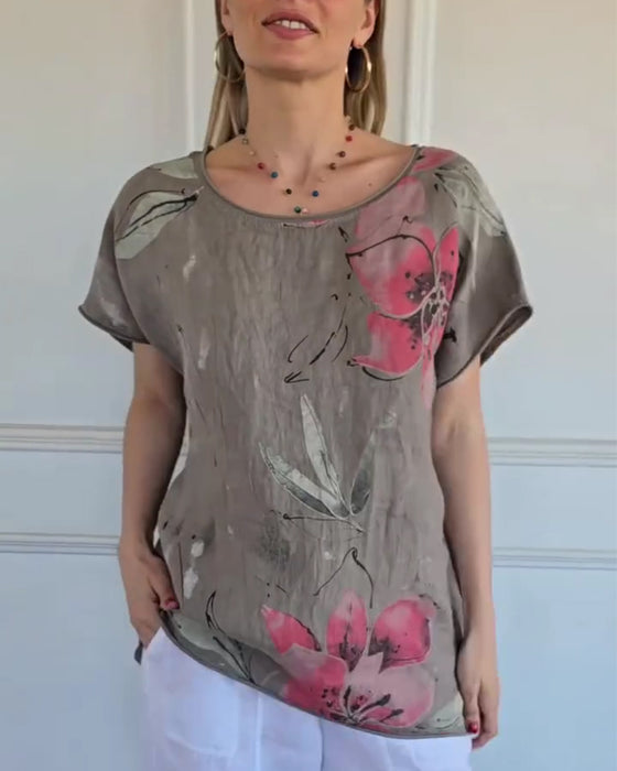 Blus Runt Hals Ledig Tryck Kort Ärm